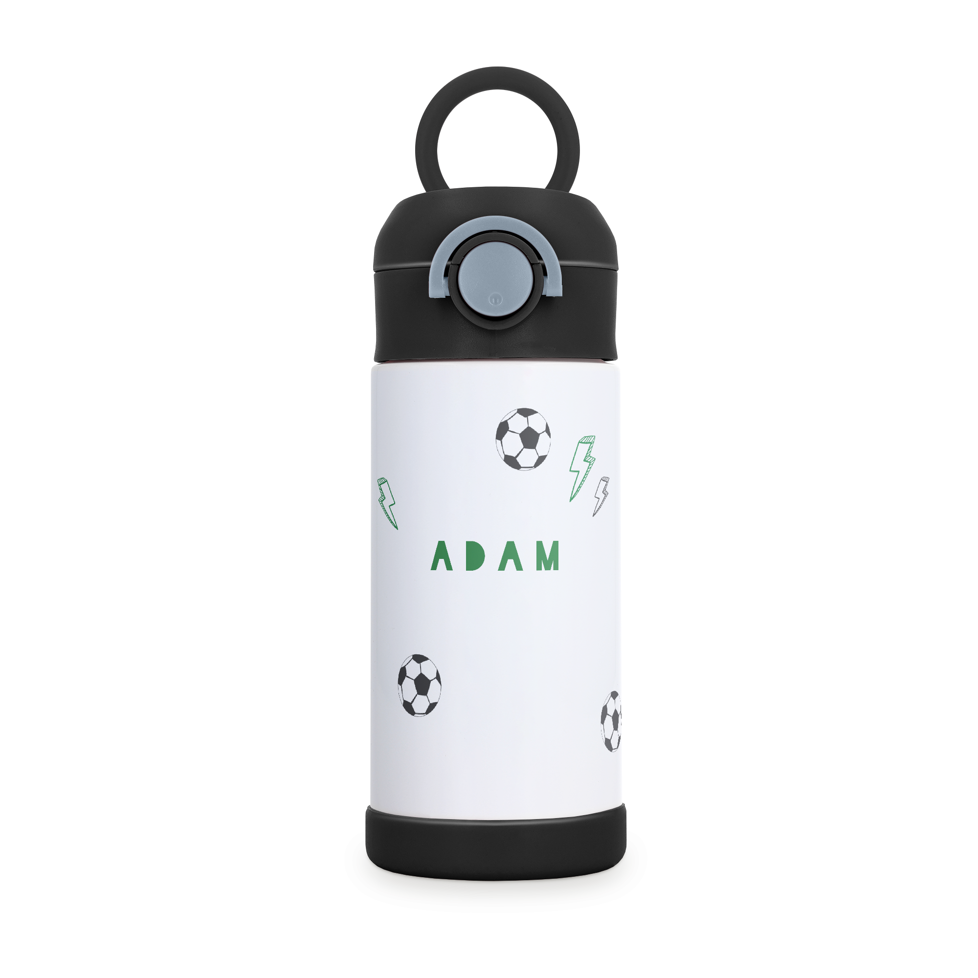 Borraccia in acciaio inossidabile personalizzata per bambini con nome Adam, palloni da calcio e saette verdi, con coperchio nero e anello per il trasporto