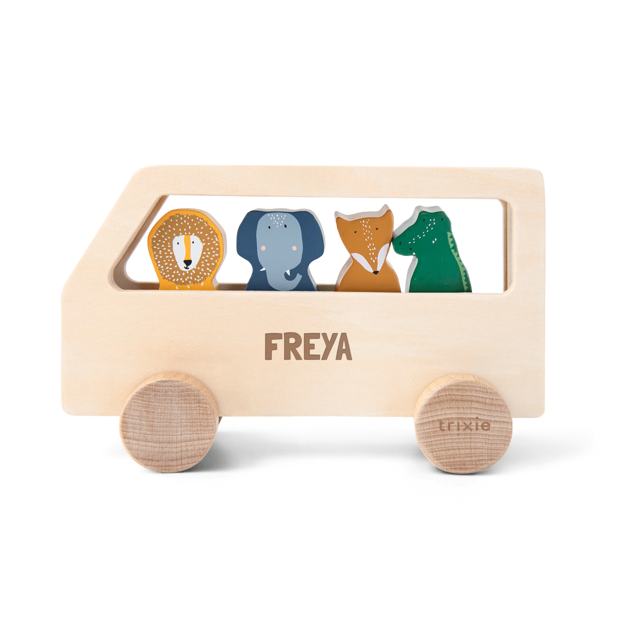 Autocarro de madeira personalizado com nome Freya e 4 animais de brincar horas de diversão garantidas