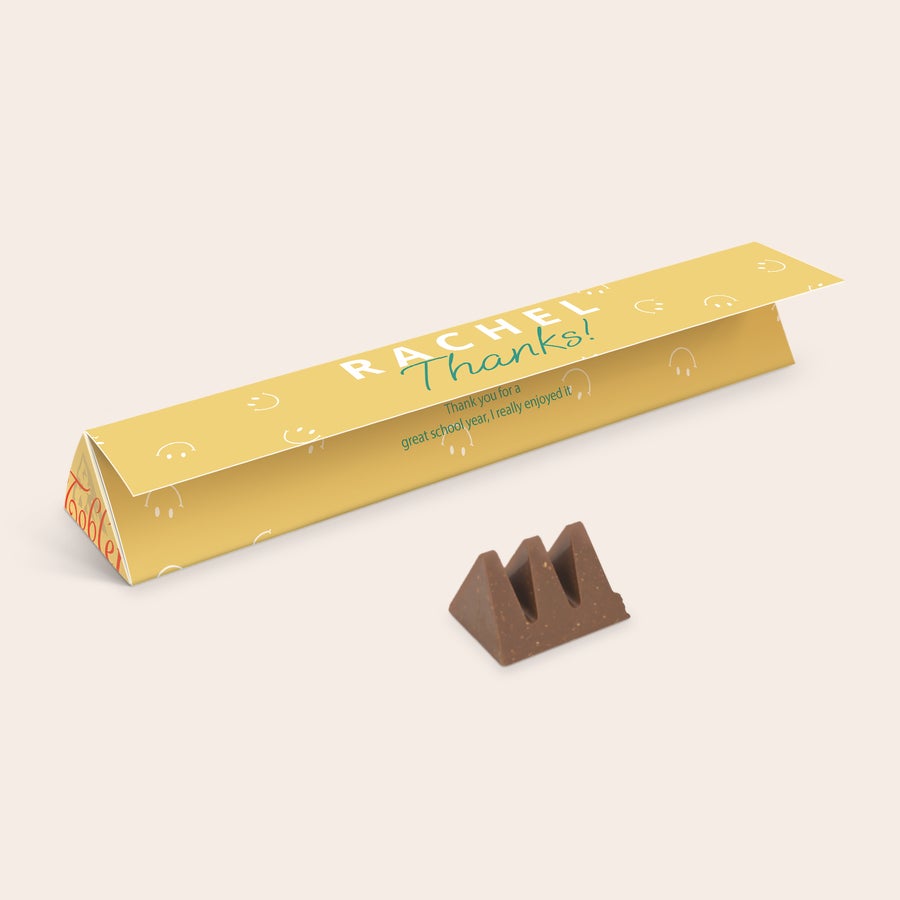 Personalizovaná Toblerone Personalizovaná Toblerone čokoláda s potiskem textu "RACHEL Thanks!" a poděkováním.
