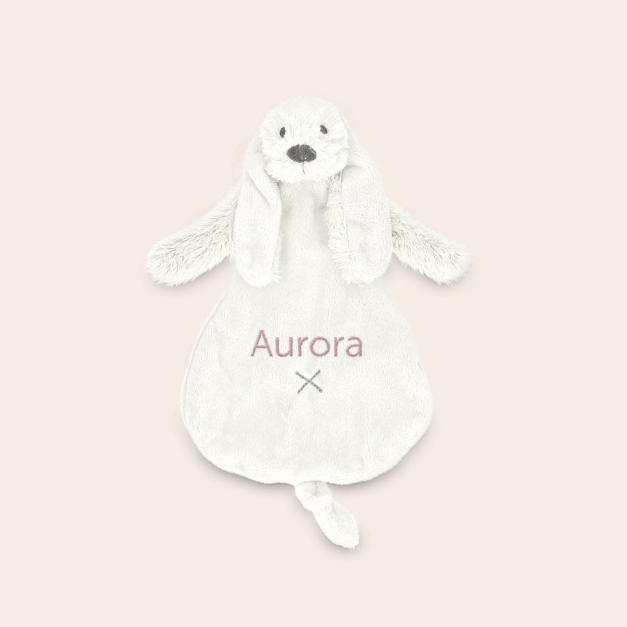 Doudou personalizado para bebe Dou dou personalizado para bebé del conejo Richie, de color blanco, bordado con el nombre "Aurora".