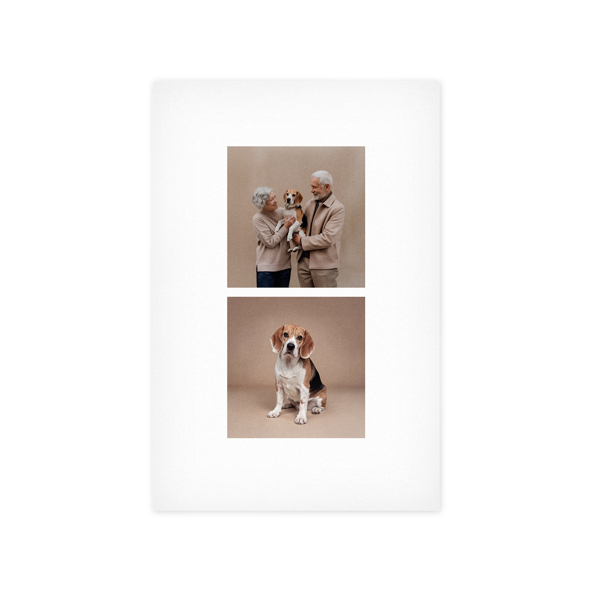 Rectangular photo on forex with two personalized photos of an elderly couple with their beagle as a gift and wall decoration