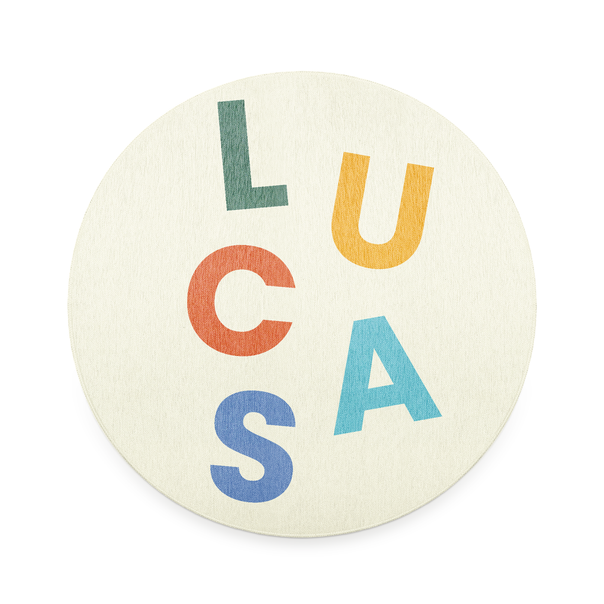 Tapete de brincar personalizado redondo, com o nome "LUCA S" impresso em letras coloridas.