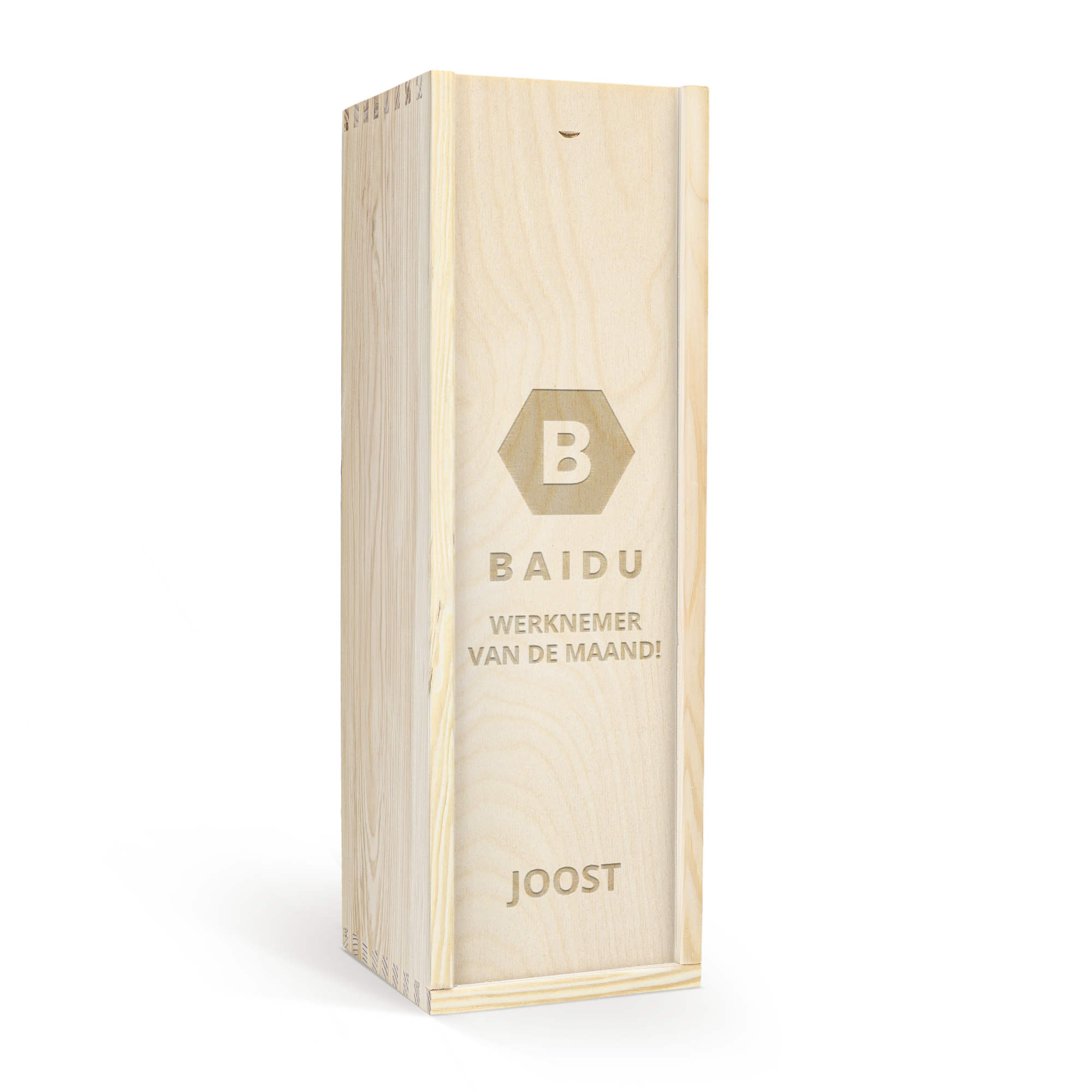 Houten champagnekist voor een fles René Schloesser, gegraveerd met de tekst BAIDU, WERKNEMER VAN DE MAAND en JOOST.