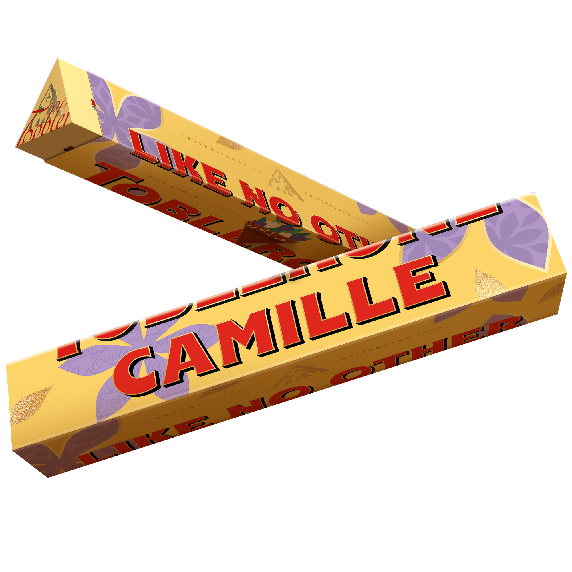 Barre de chocolat Toblerone personnalisée avec le prénom Camille imprimé sur l'emballage. Surprenez votre maman.