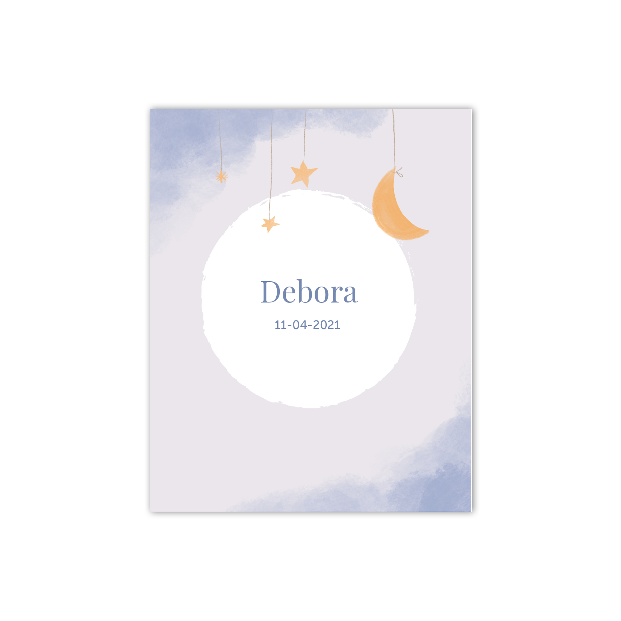 Poster di nascita personalizzato con nome Debora e data 11-04-2021 stampati su sfondo azzurro con luna e stelle