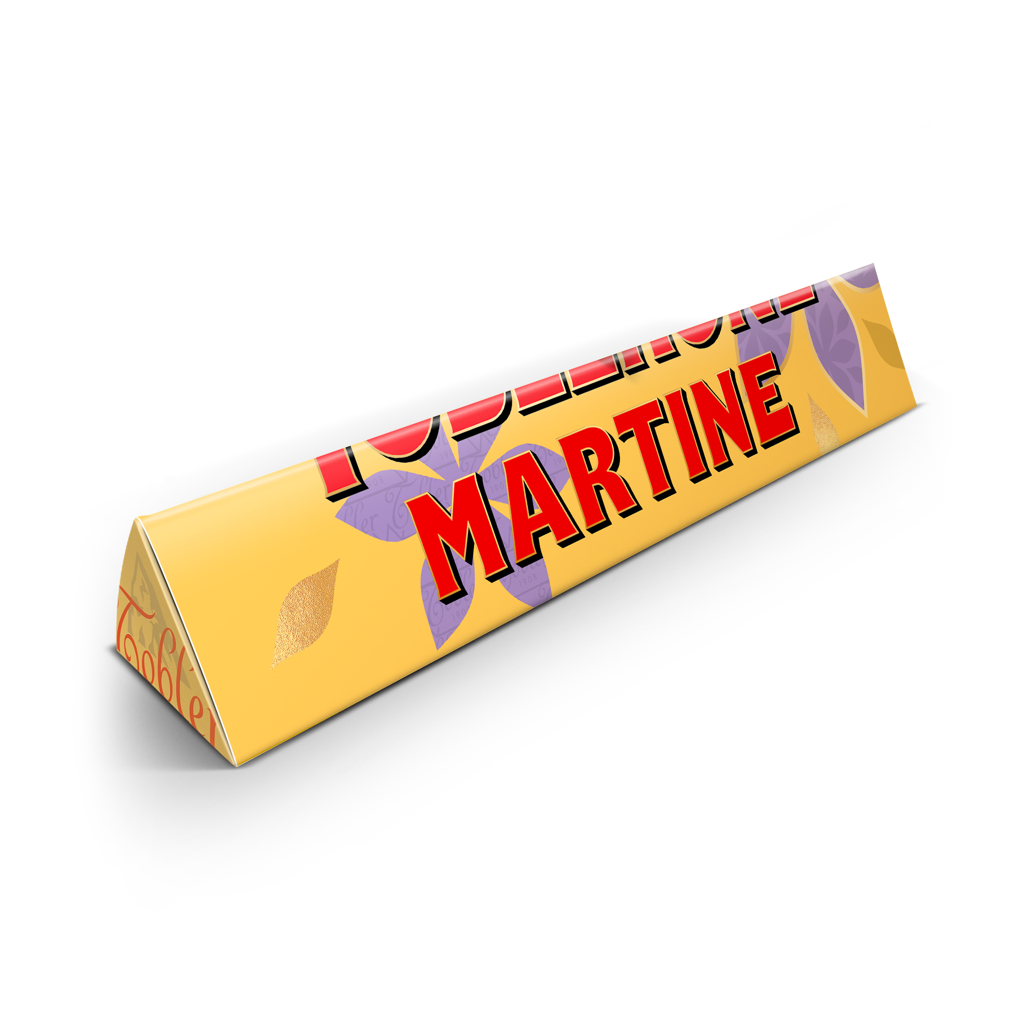 Personlig Toblerone-sjokoladebar med navn "Martine" trykt på gul innpakning med lilla blomster.