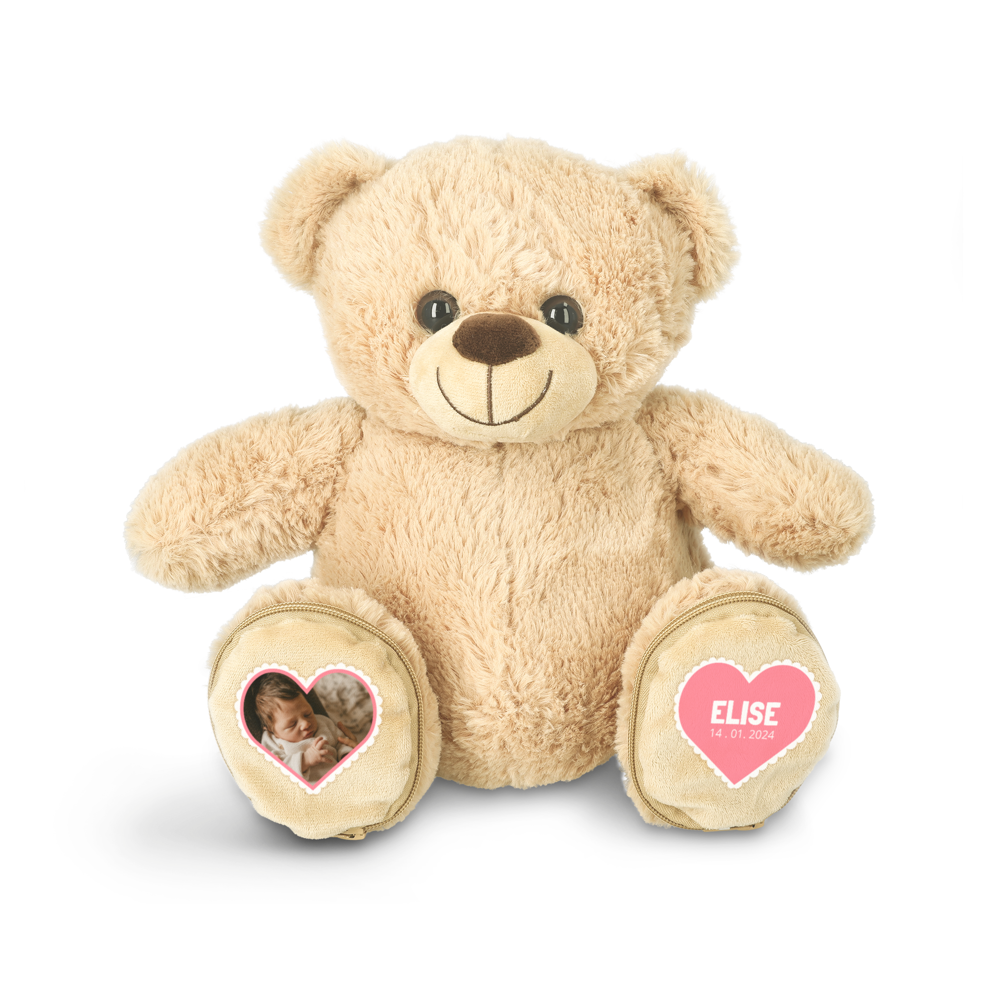 Personlig teddybjörn med foto på ena foten och namn & datum på den andra.