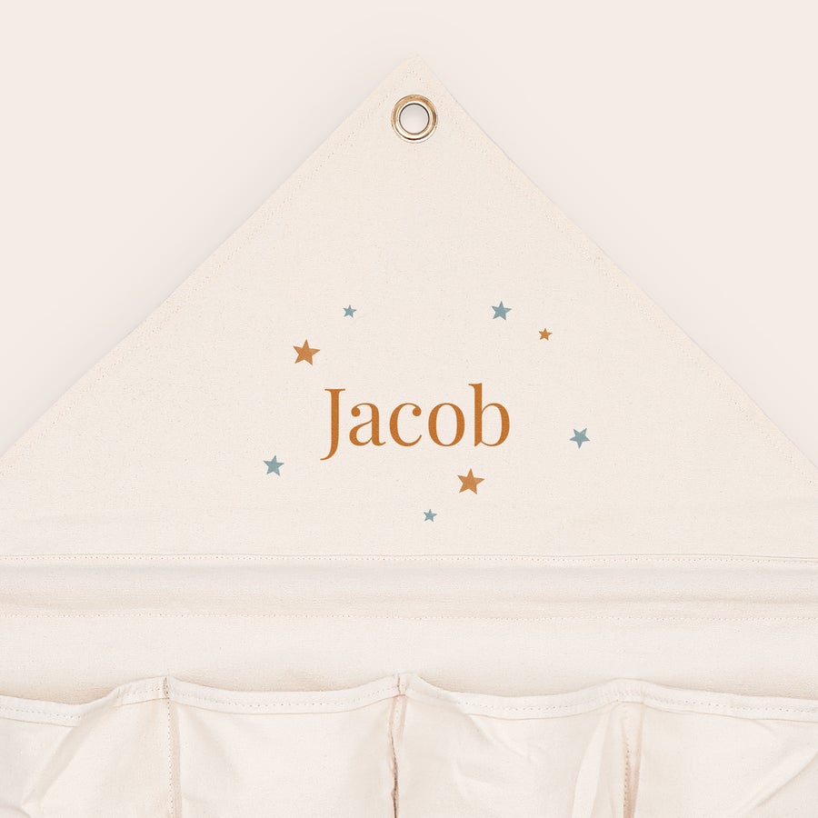 Stoff-Taschen-Organizer Personalisierter Taschen-Organizer aus Stoff, bedruckt mit dem Namen Jacob und Sternen, schafft Ordnung