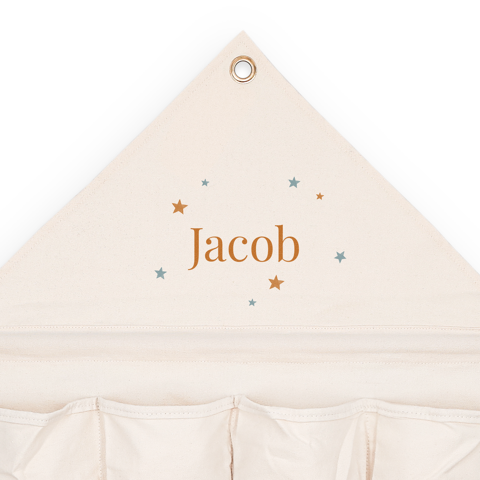 Personalisierter Taschen-Organizer aus Stoff, bedruckt mit dem Namen Jacob und Sternen, schafft Ordnung