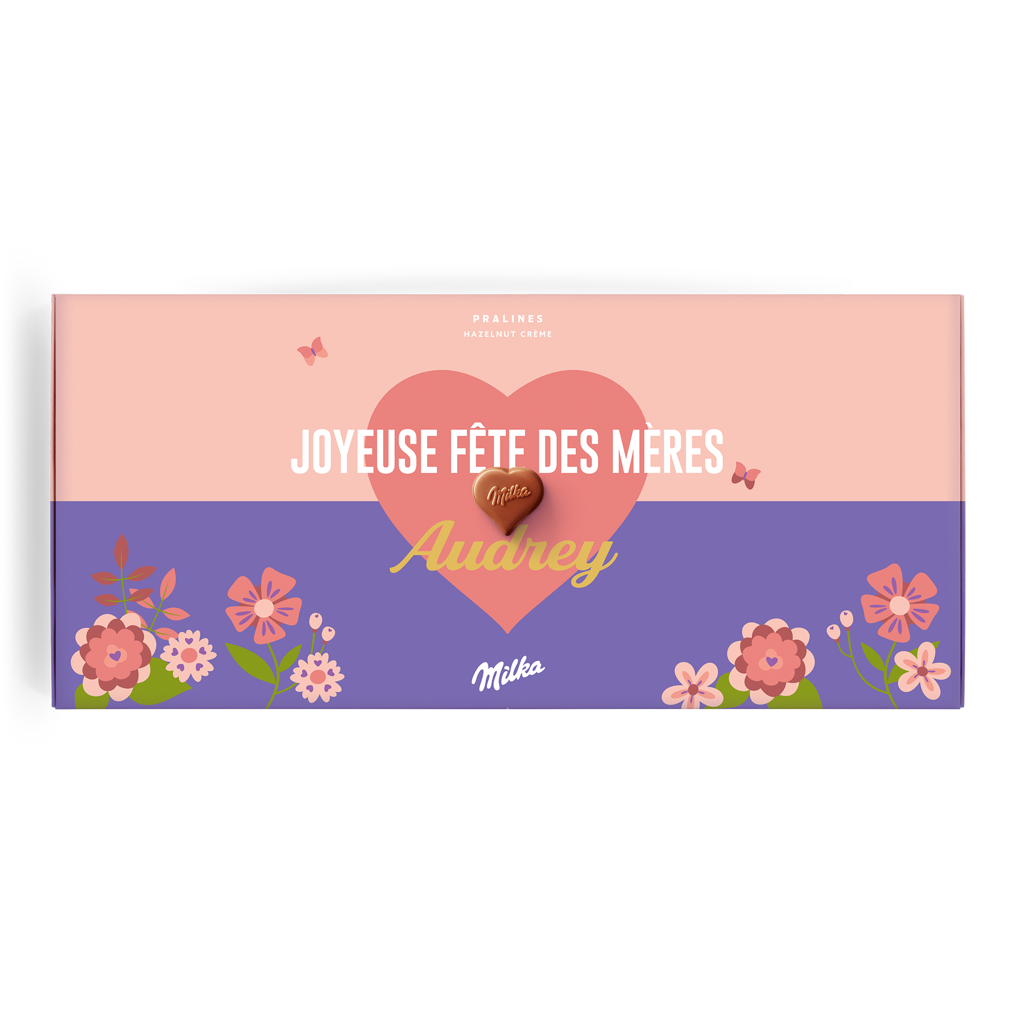 Coffret cadeau personnalisé en chocolat Milka pour la Fête des Mères avec le texte Joyeuse Fête des Mères Audrey imprimé