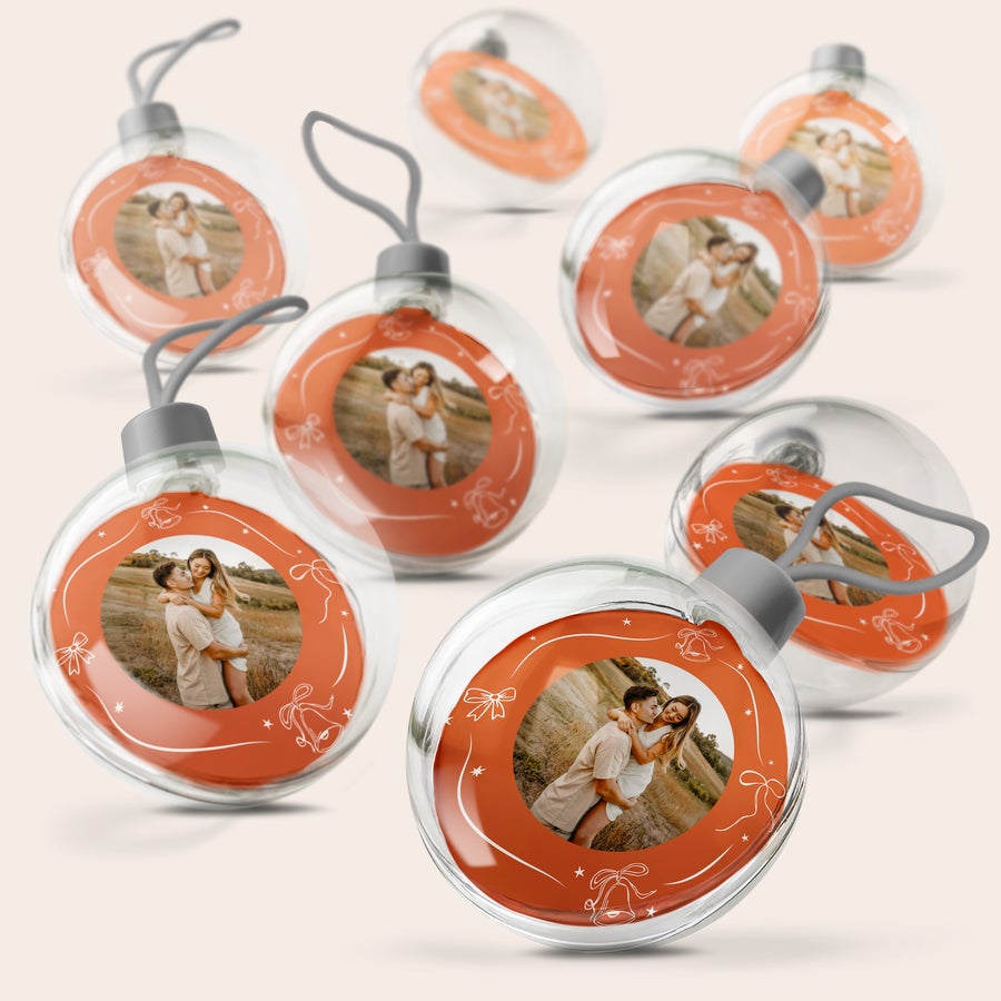 Bolas de Navidad - Transparentes Set de bolas de Navidad personalizadas con foto de una pareja y diseño navideño impreso