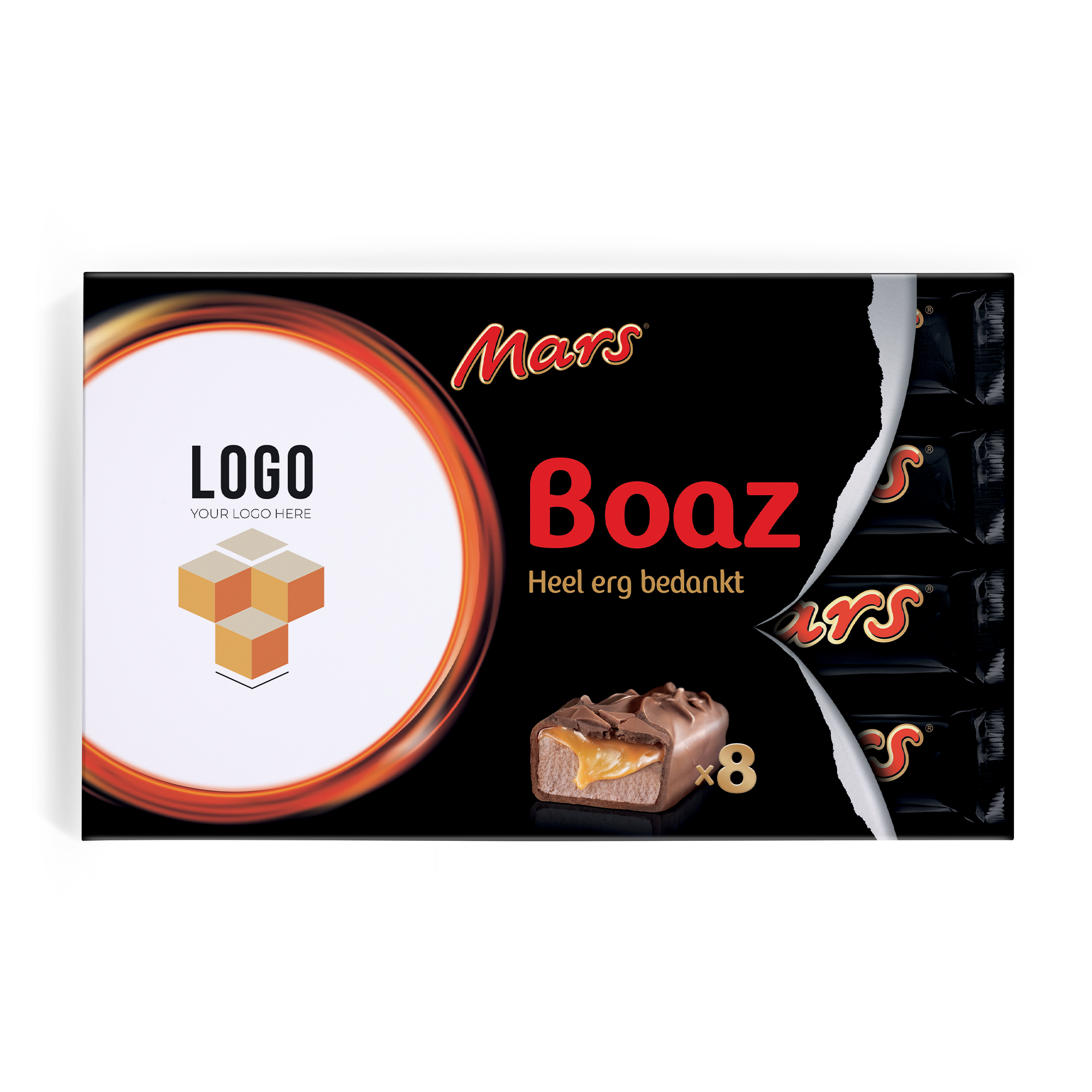 Mars Repen Giftbox met naam Boaz en persoonlijke fotoplaats, geprint met "Heel erg bedankt".