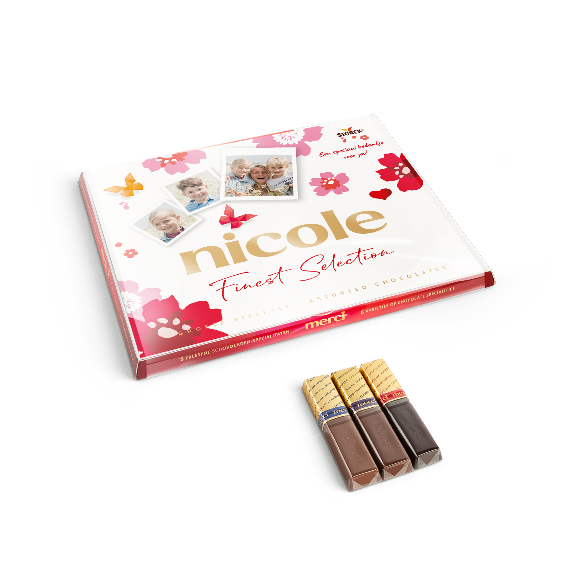 Merci Finest Selection chocolade mix met gepersonaliseerde kaart - 250 gram, bedrukt met eigen foto's en de naam Nicole.