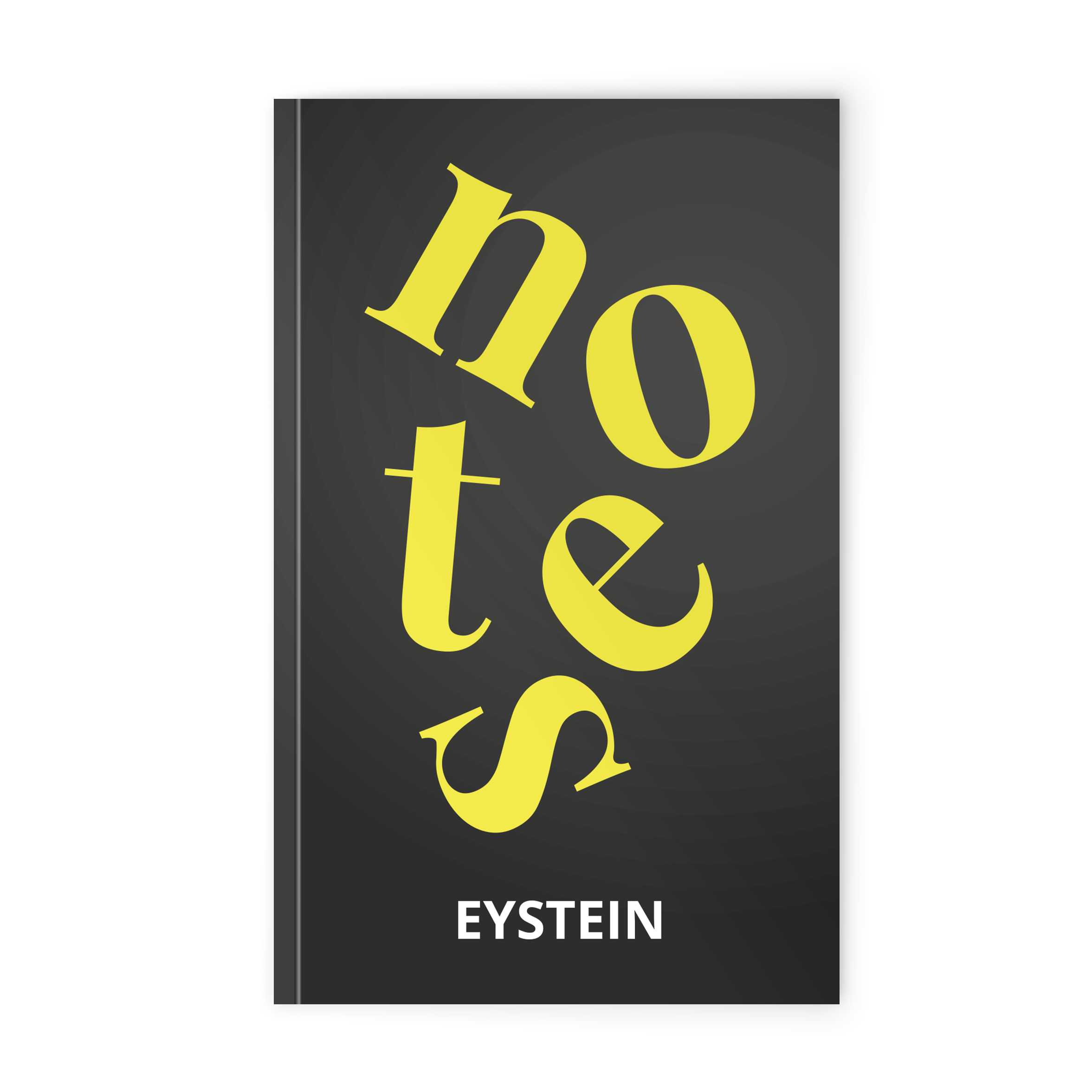 Personlig notatbok med navn Eystein og ordet "notes" i gul skrift, trykt på et grått omslag.