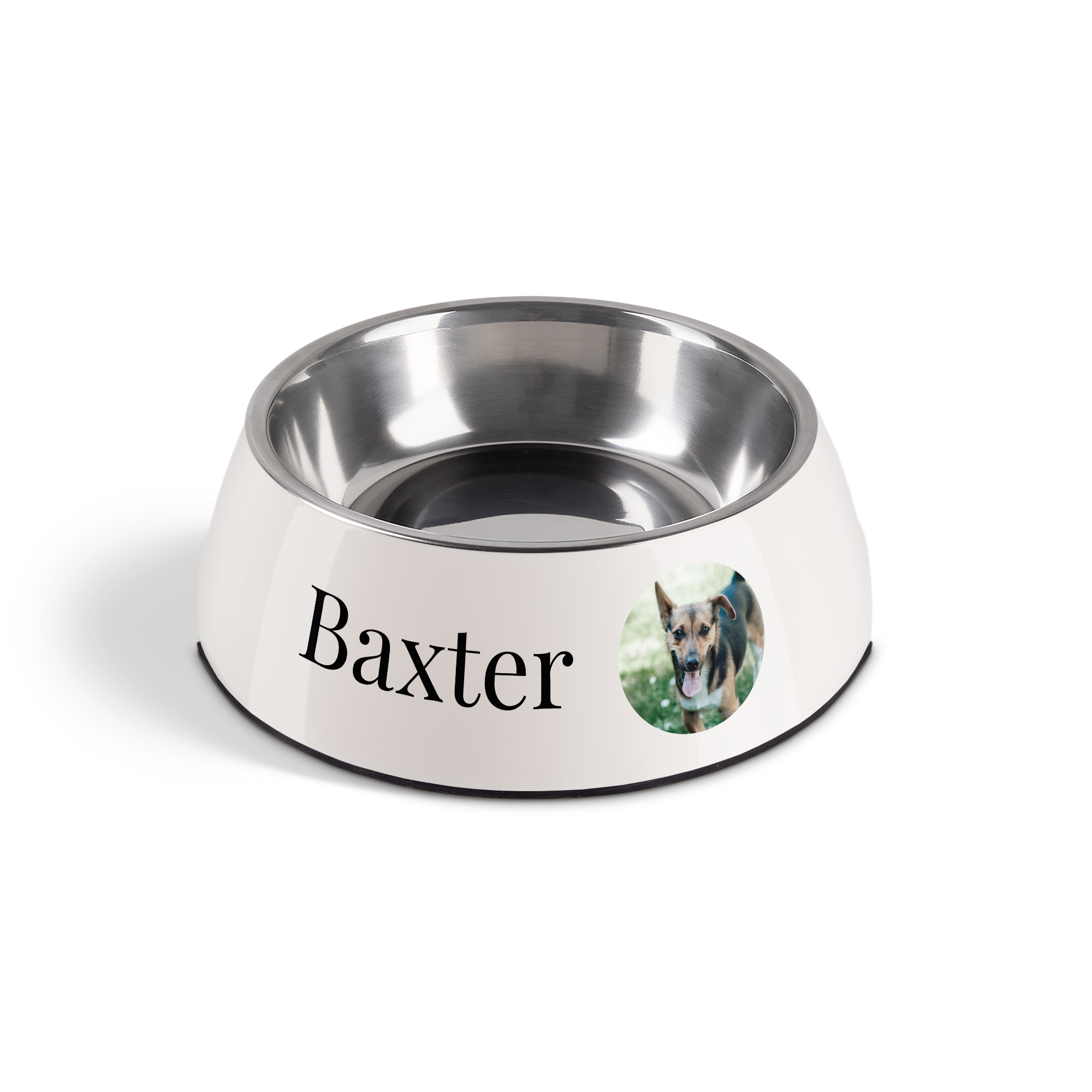 Personalised dog food bowl - White - 350 ml, with a custom photo and the name Baxter printed on it.