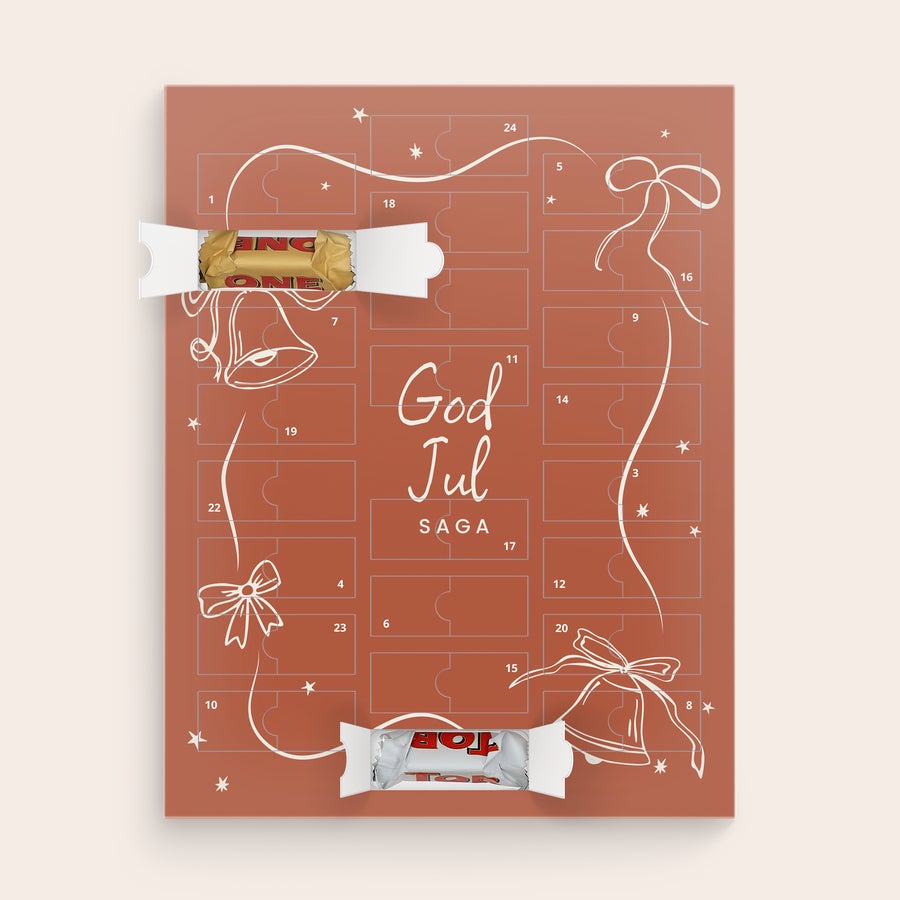 Personliga Adventskalender - Toblerone 2025 Personlig Toblerone adventskalender med texten God Jul och Saga, räkna ned till jul