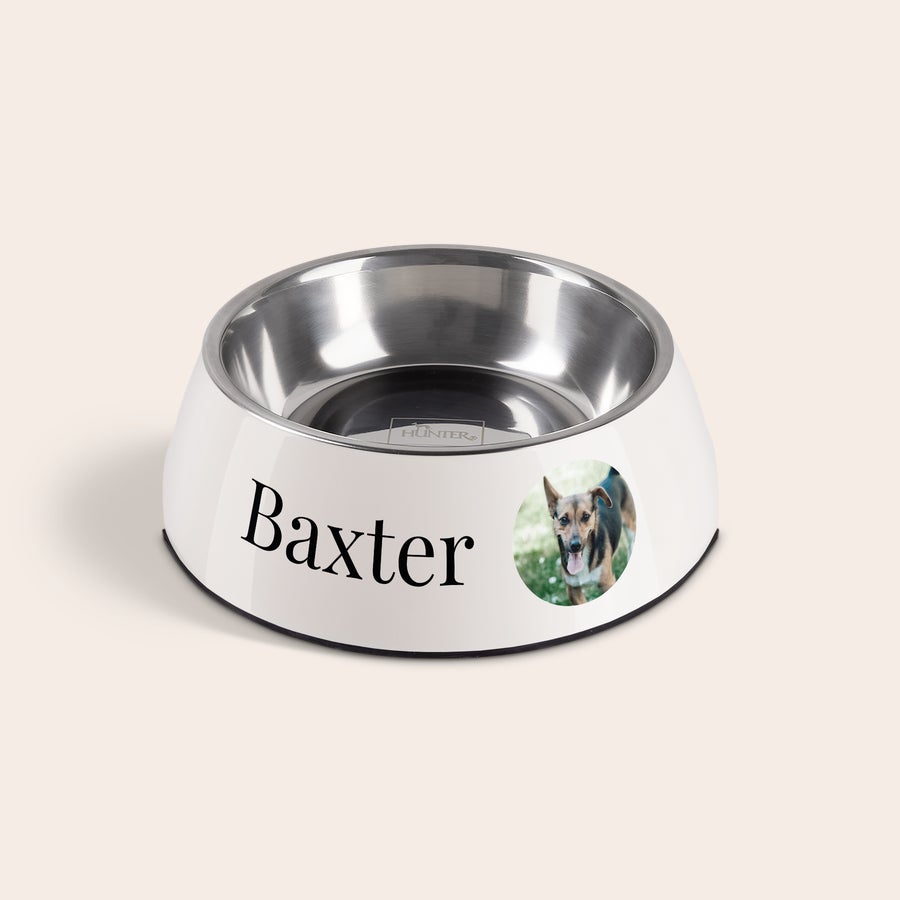 Pes krmení mísa Personalizovaná miska na jídlo pro psy s vlastním jménem Baxter a fotografií psa