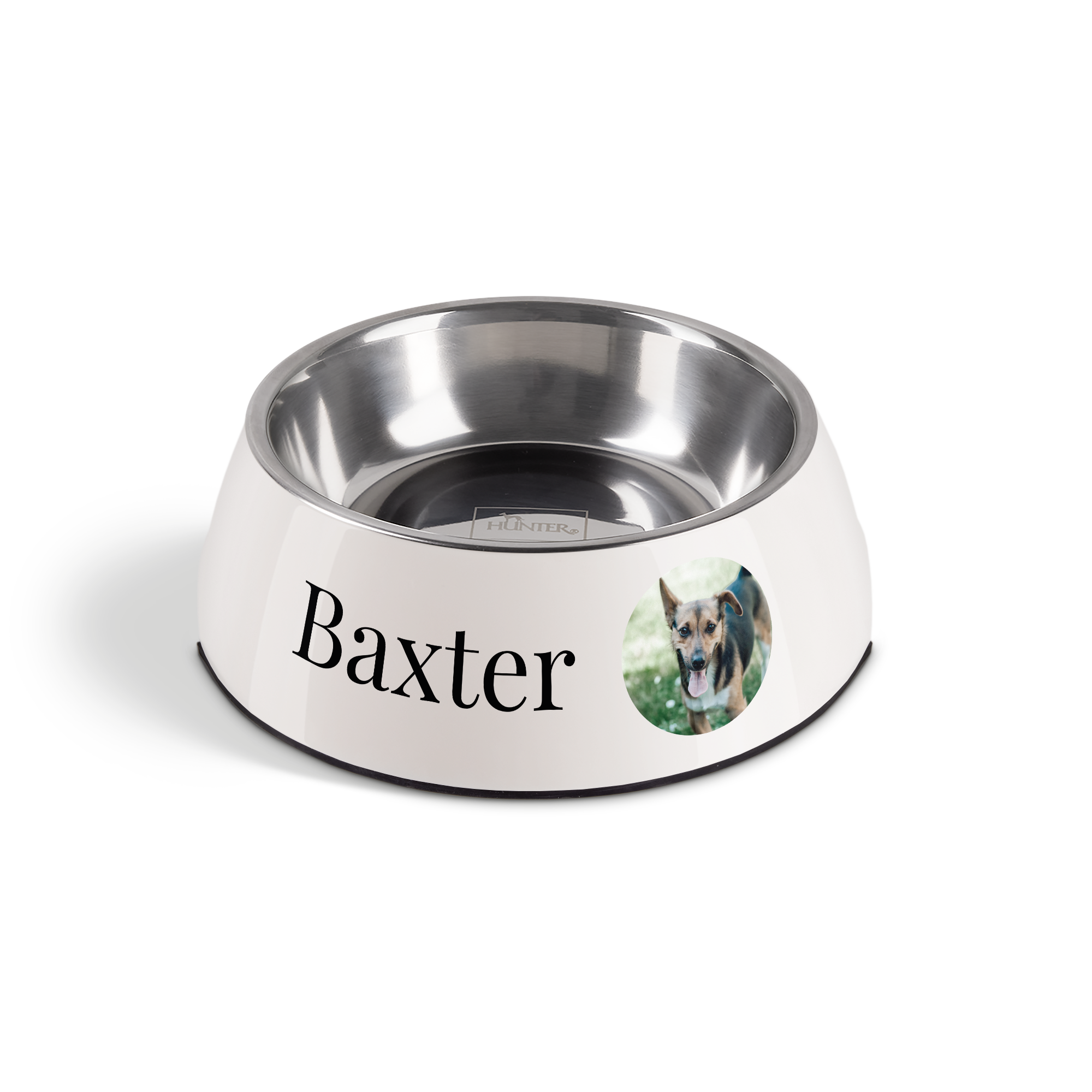 Hvid personaliseret madskål til hund med navn "Baxter" og foto af hund trykt på siden