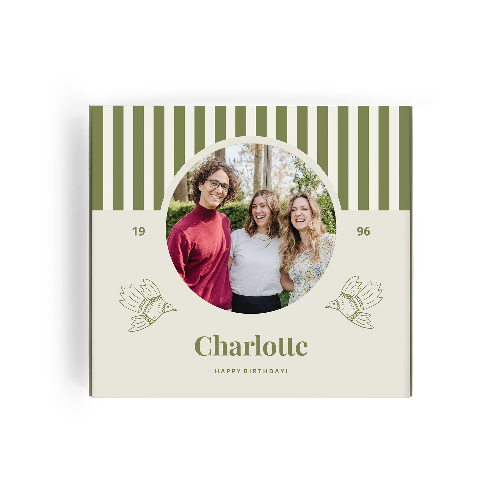 Personalised Milka gift box, printed with a photo, Charlotte, and Happy Birthday! text