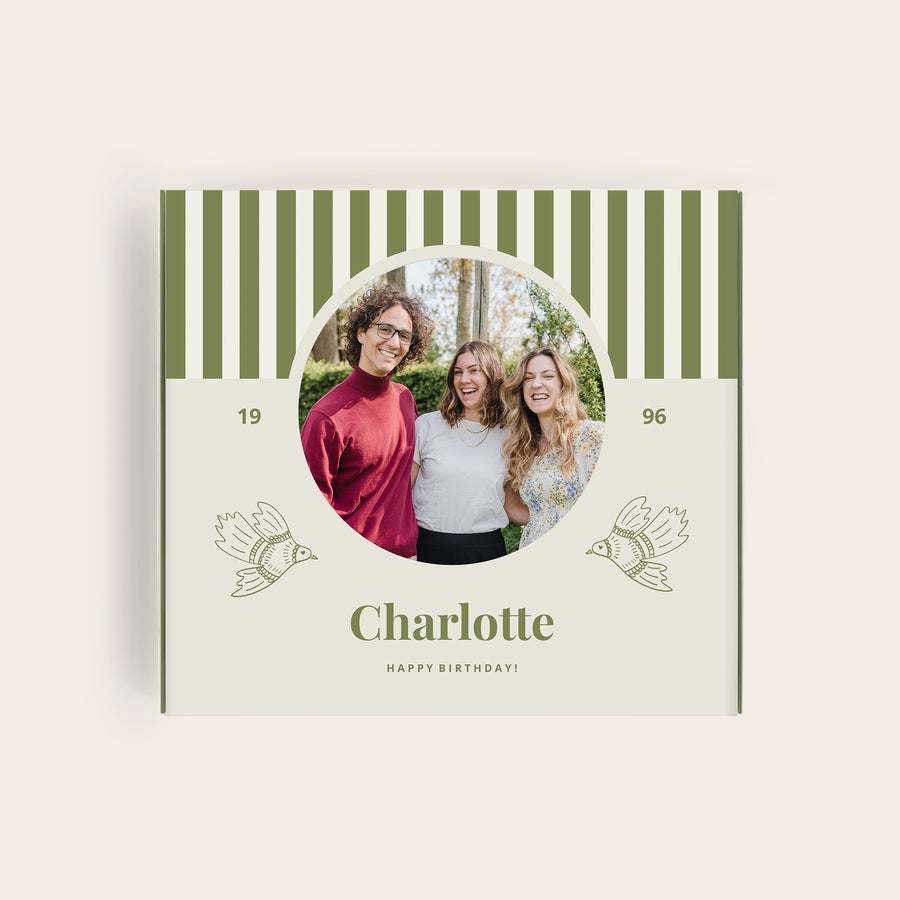 Milka Pralines Bursdag Milka-gaveeske trykt med eget bilde av tre venner, navnet Charlotte og Gratulerer med dagen!