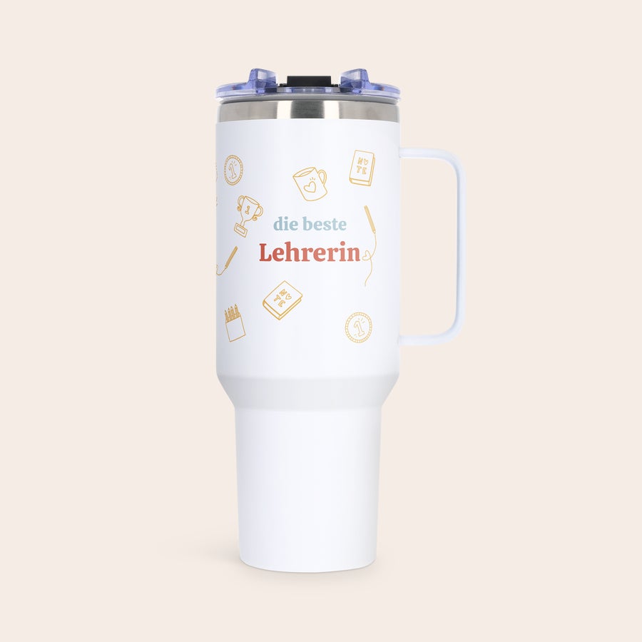 Trinkflasche mit Strohhalm 1,2 l - personalisiert Personalisierter 1,2 Liter-Tumbler mit Strohhalm, bedruckt mit "die beste Lehrerin" und goldfarbenen Lehrer-Motiven