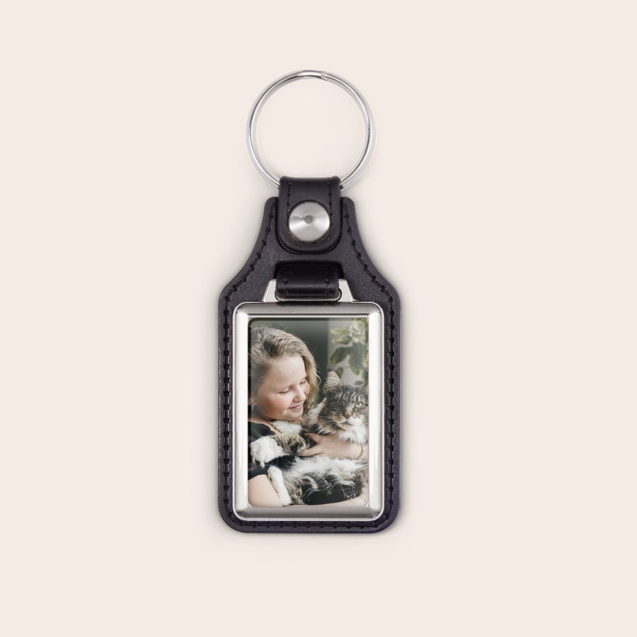 Porta-chaves de couro com foto Chaveiro de couro com foto de menina e gato, personalizado para surpreender
