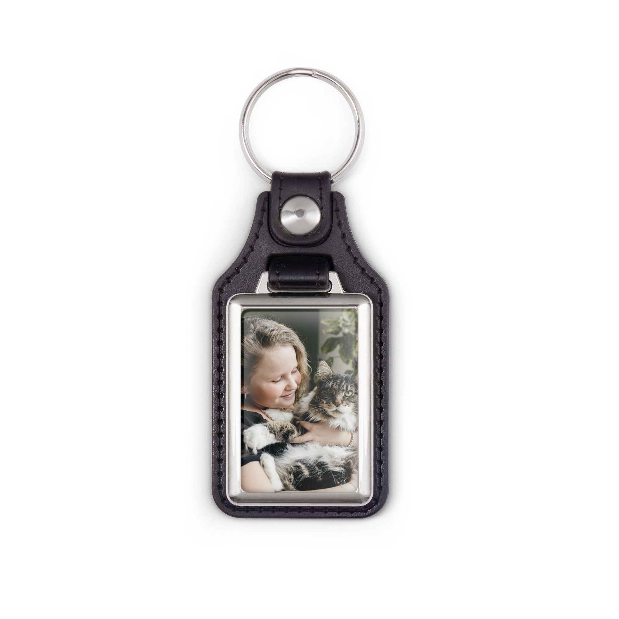 Portachiavi personalizzato in pelle nera con foto di bambina che abbraccia un gatto stampata su un lato