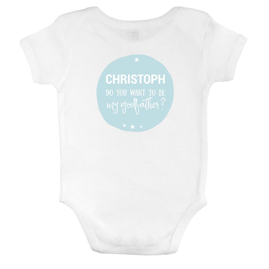 Sarai il mio padrino - onesie Tutina neonato bianca personalizzata con la stampa "CHRISTOPH DO YOU WANT TO BE my godfather?" in azzurro.
