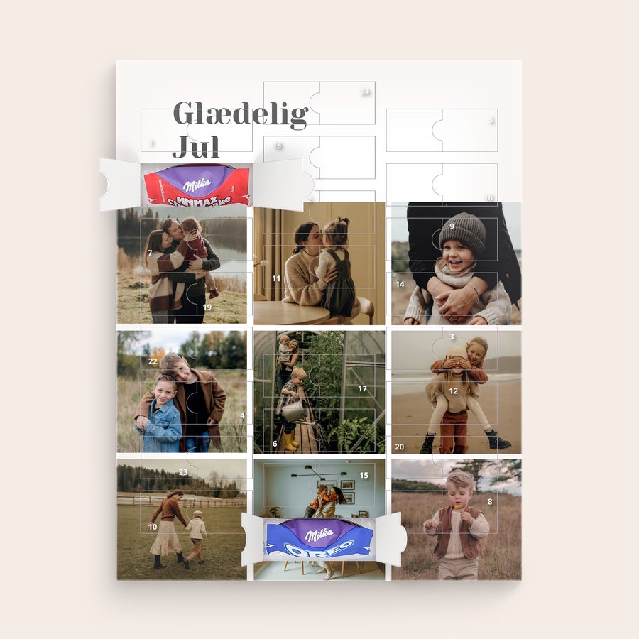 Chokolade Julekalender - Milka Favourites Personlig chokolade julekalender med 24 billeder, hvorpå der står Glædelig Jul. Tæl ned til jul med denne personlige chokolade julekalender.