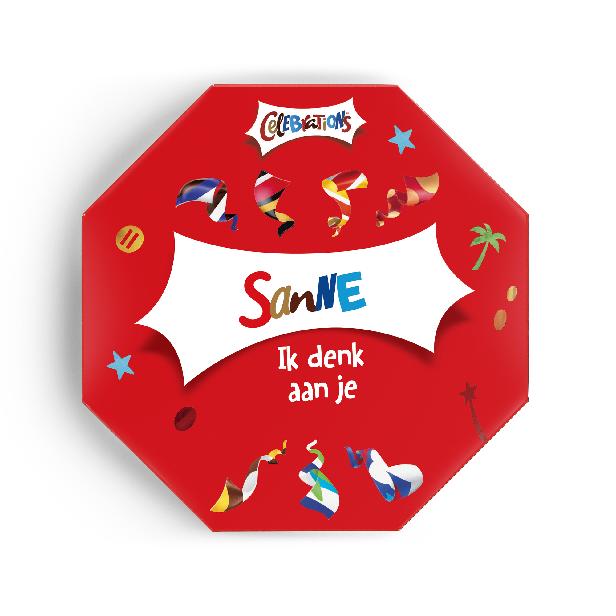 Rode gepersonaliseerde Celebrations box, bedrukt met de naam Sanne en de tekst 