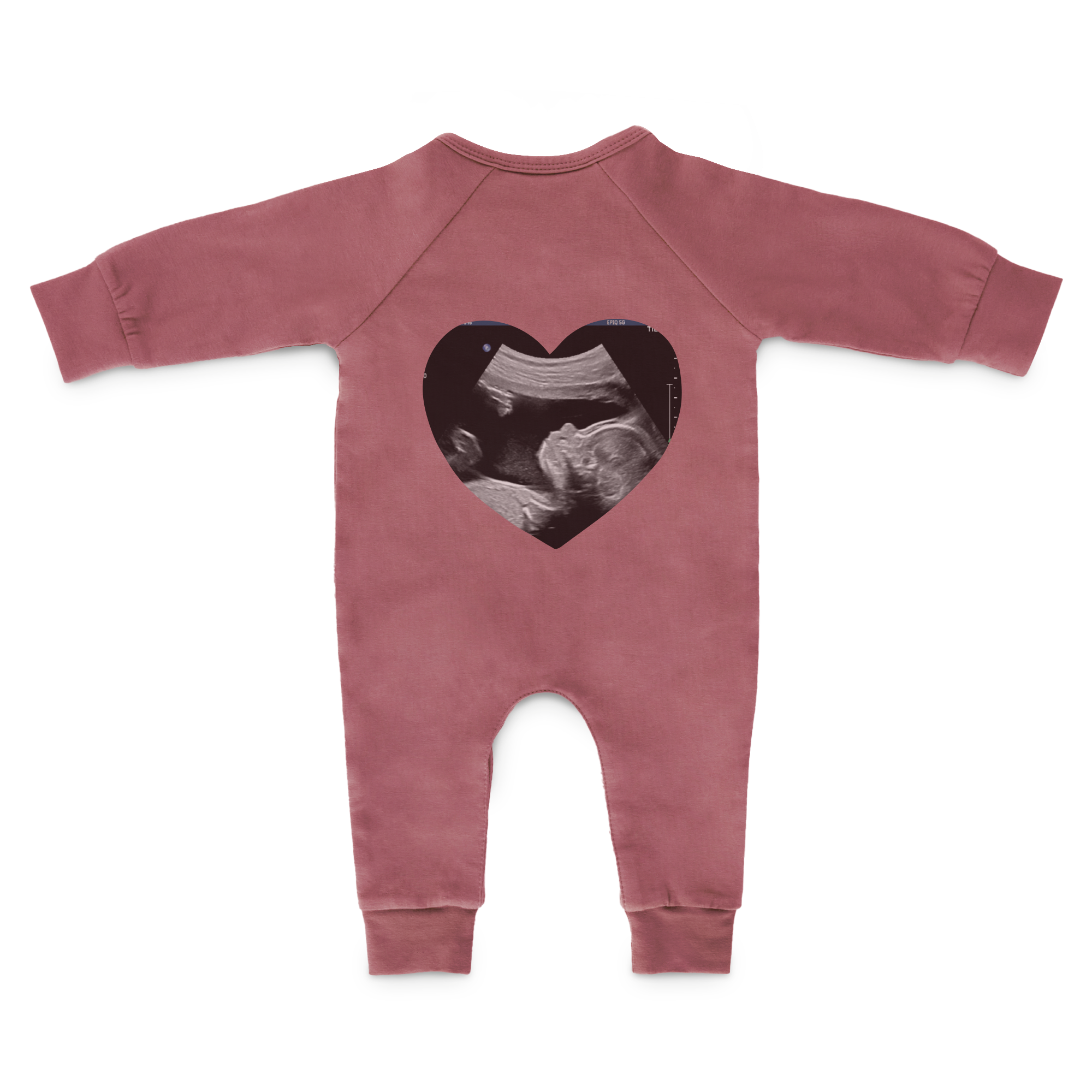 Långärmad rosa babylekdräkt med ultraljudsbild i hjärtform, personlig med eget tryck