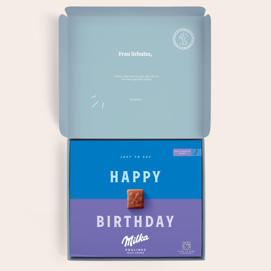Pralinen Milka Lehrer Milka-Geschenkbox für Lehrer, bedruckt mit Frau Schulze und Botschaft, individualisiert