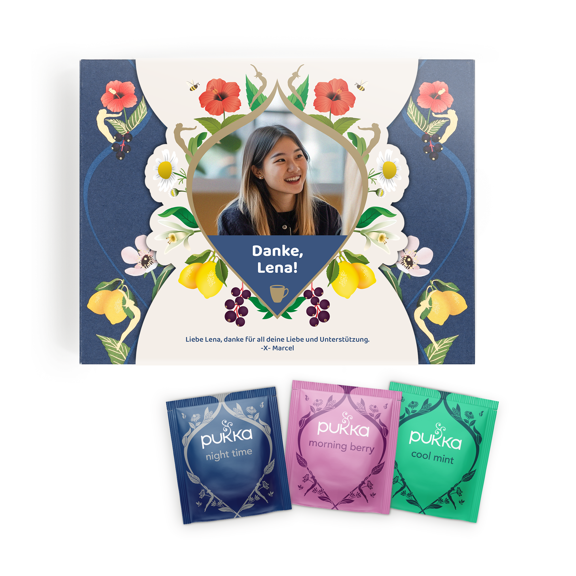 Pukka Tee-Geschenkset personalisiert mit Foto von Lena, Nachricht "Danke, Lena!" und drei Teepäckchen.