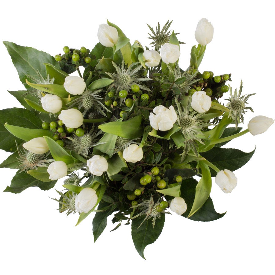 Boeket Bloemen – Tulpen (Middel) met witte tulpen en groen, te personaliseren.