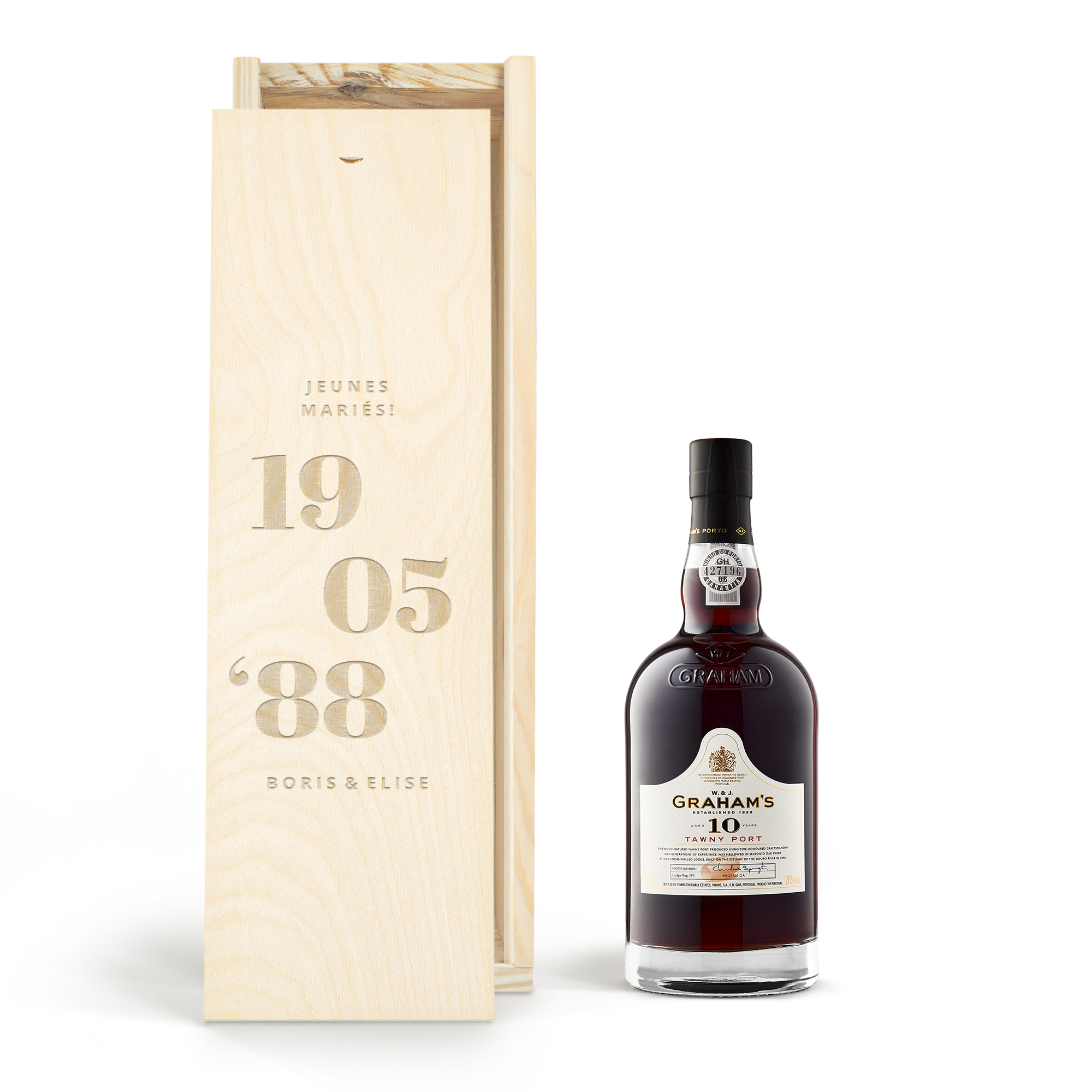 Bouteille de porto Graham's 10 ans avec étui en bois gravé Jeunes Mariés 19 05 88 Boris & Elise