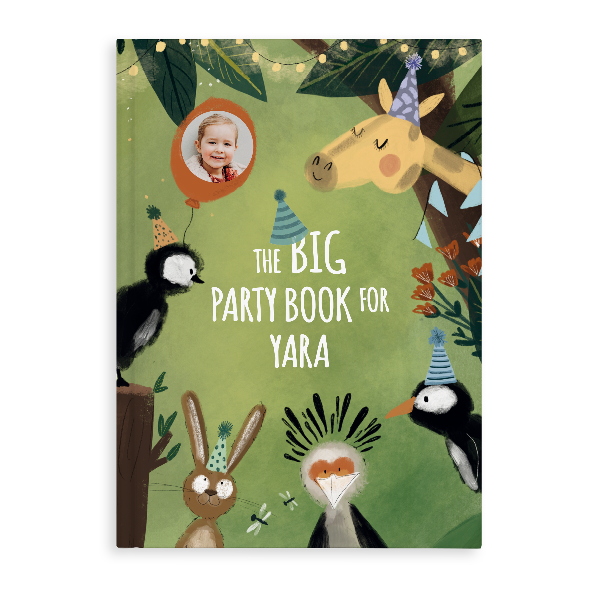 Personalised book - The Big Party Book - Softcover with childs photo and printed name Yara on the cover.