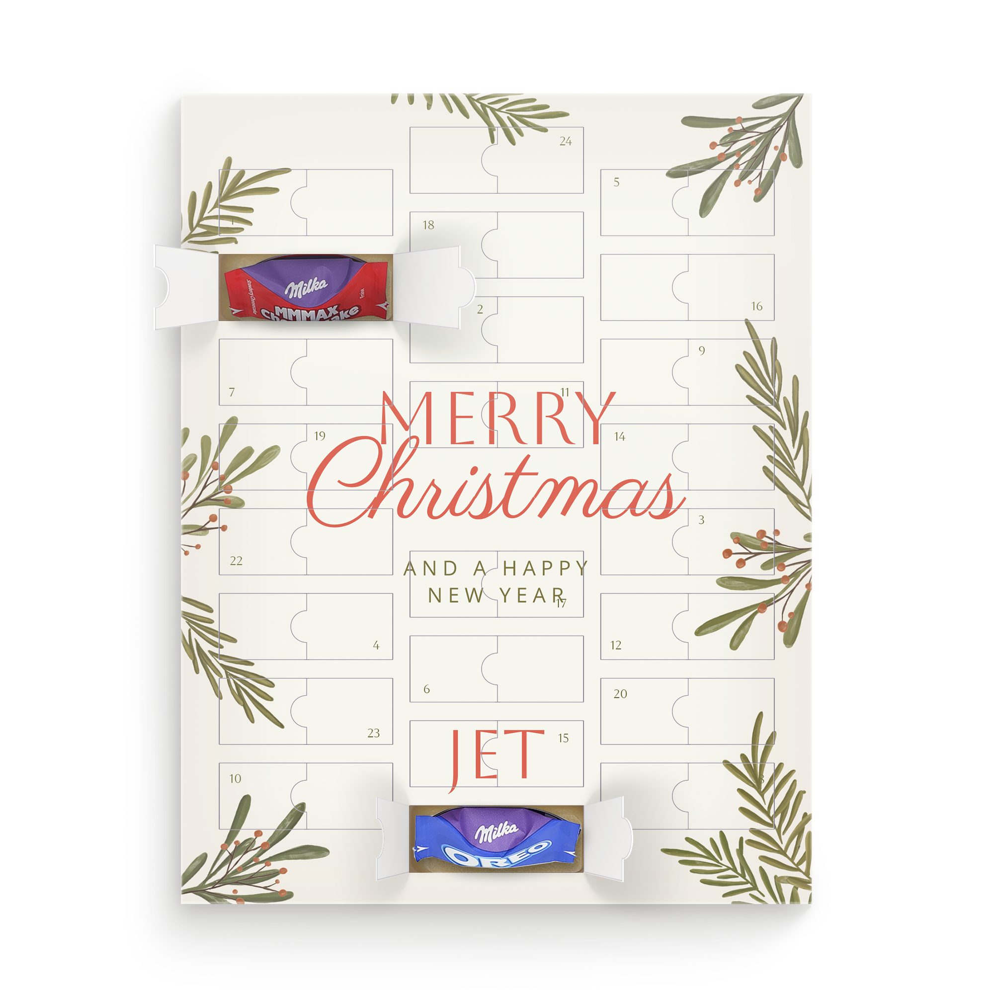 Gepersonaliseerde Milka Favourites adventskalender - eigen design met de naam "JET" en kerstgroet op de voorkant, perfect voor de feestdagen.