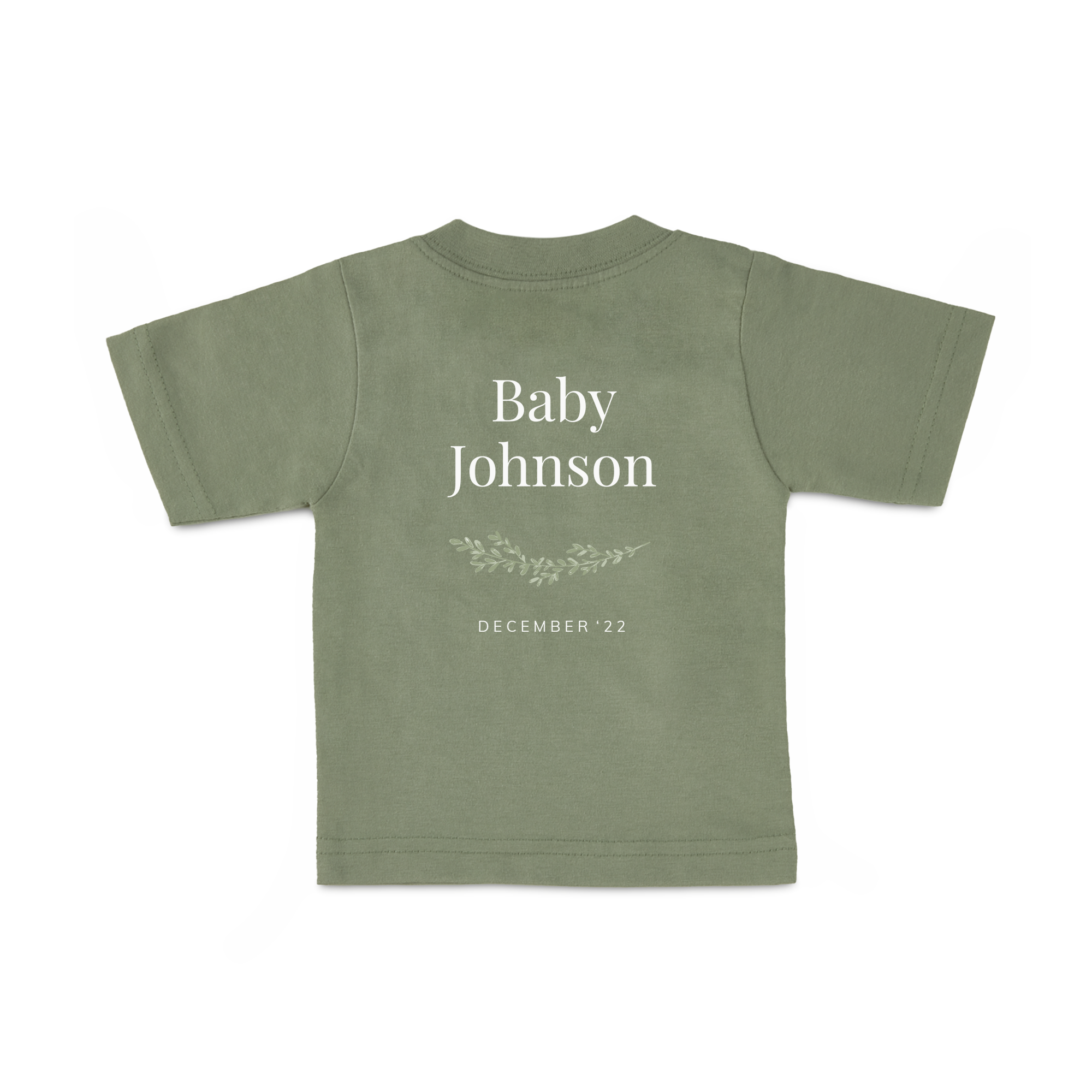 Szuper stílusos világoszöld babaing egyedi névvel, "Baby Johnson" felirattal és december '22 dátummal, nyomtatással személyre szabva.