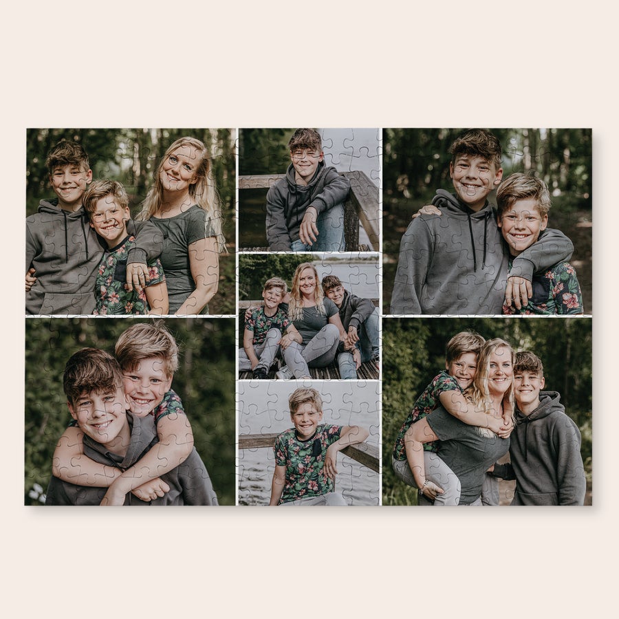 Large puzzle A personalized puzzle featuring a photo collage of a family with two sons printed on its pieces.