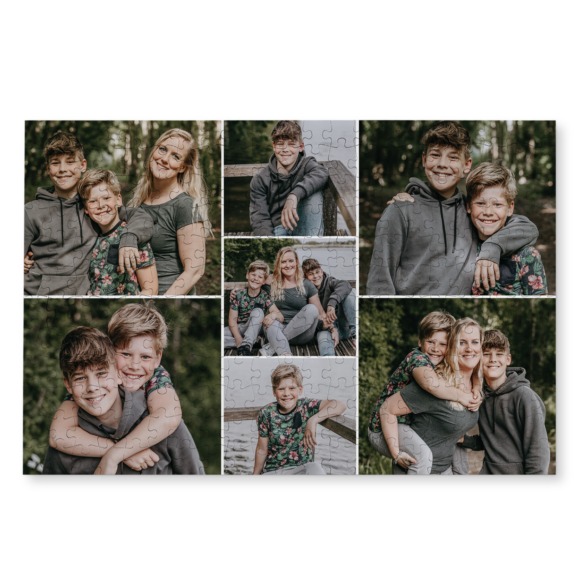 Jedinečné foto puzzle s 250 kusmi pre neskúsený hlavolamov, potlačené rôznymi fotografiami rodiny.