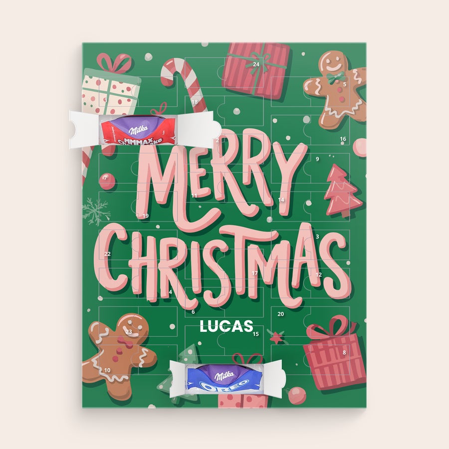 Chokolade Julekalender - Milka Favourites Grøn chokolade julekalender med "MERRY CHRISTMAS" og navnet LUCAS, printet med et billede.