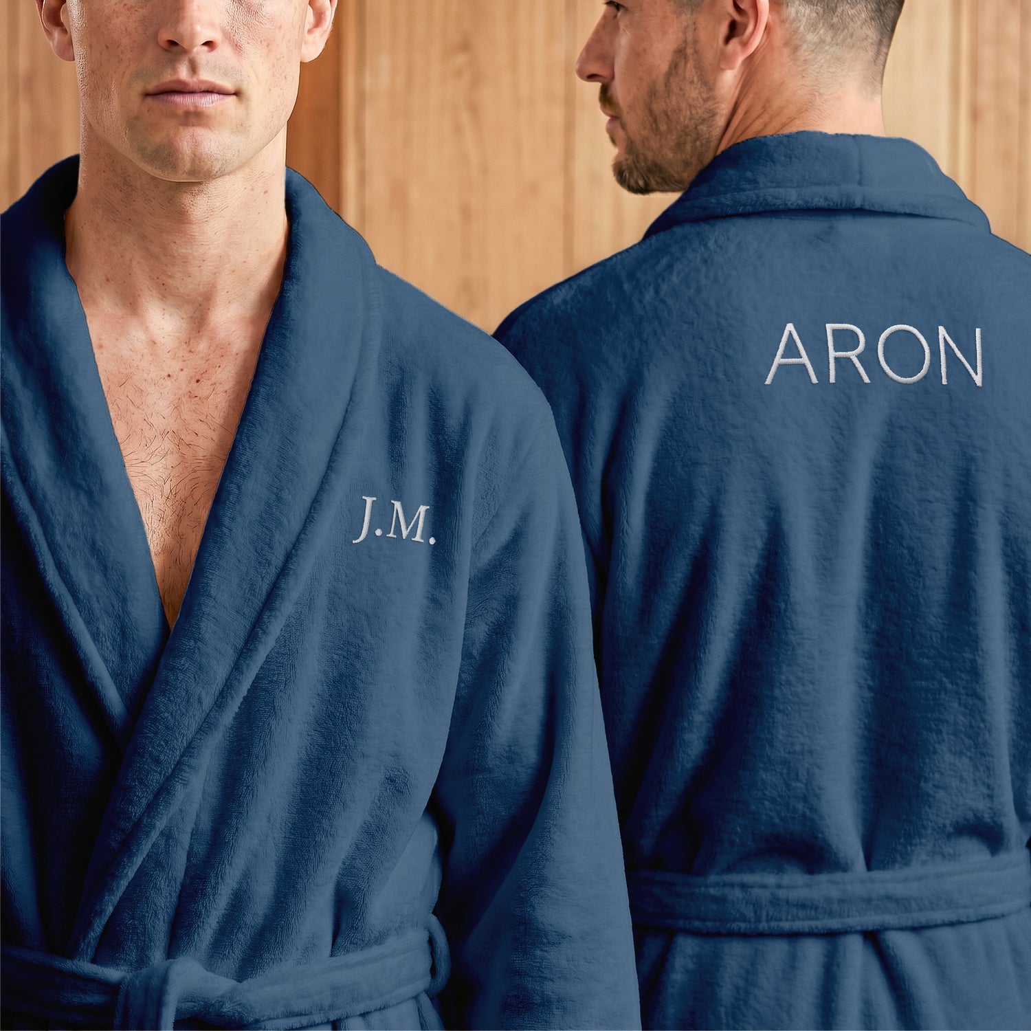 Personaliseret Herre Fleece Morgenkåbe - Broderet - Blå - L/XL
