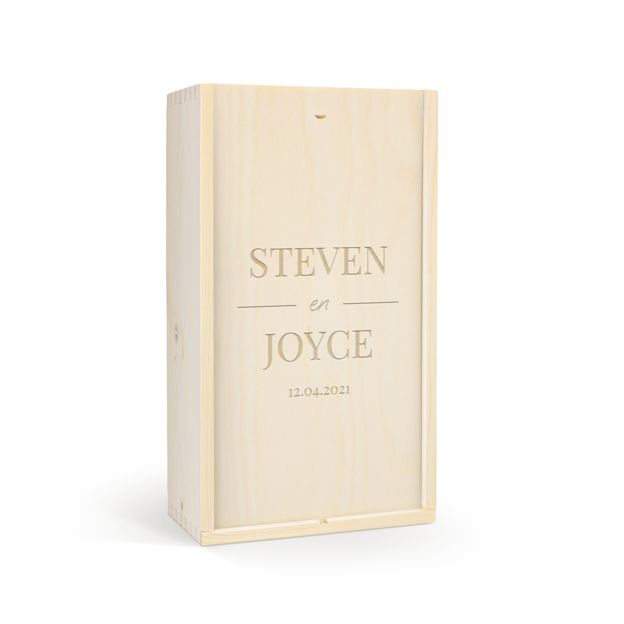 Drewniana skrzynka na wino z grawerem imion Steven i Joyce oraz datą 12.04.2021