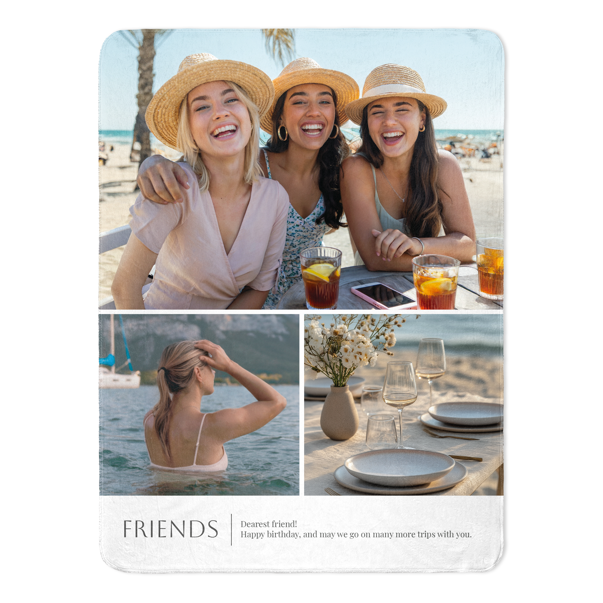 Personalizovaná flísová deka s potlačou koláže fotografií a textu "FRIENDS" s prianím k narodeninám