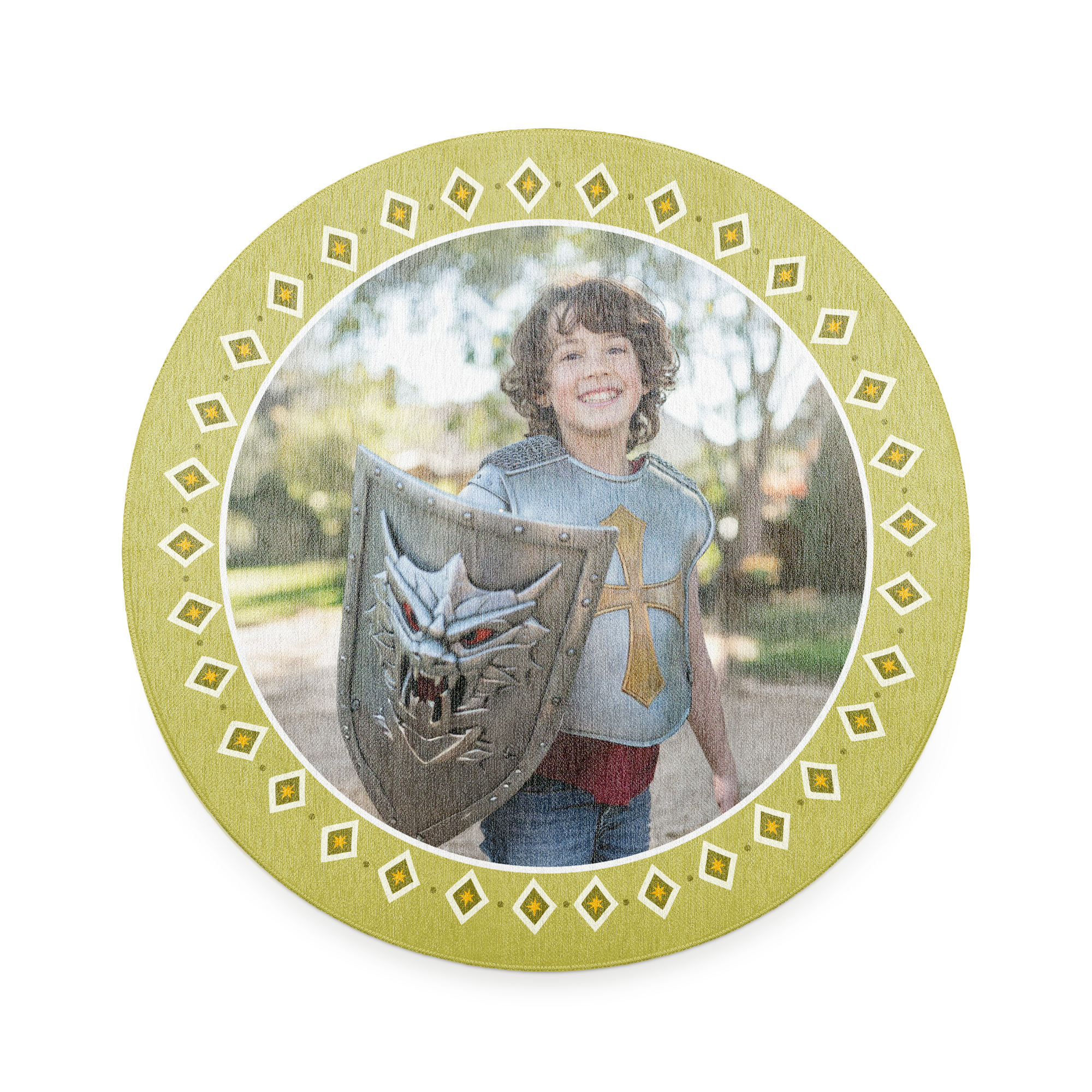 Tapis de jeu personnalisé imprimé avec la photo d'un enfant souriant déguisé en chevalier