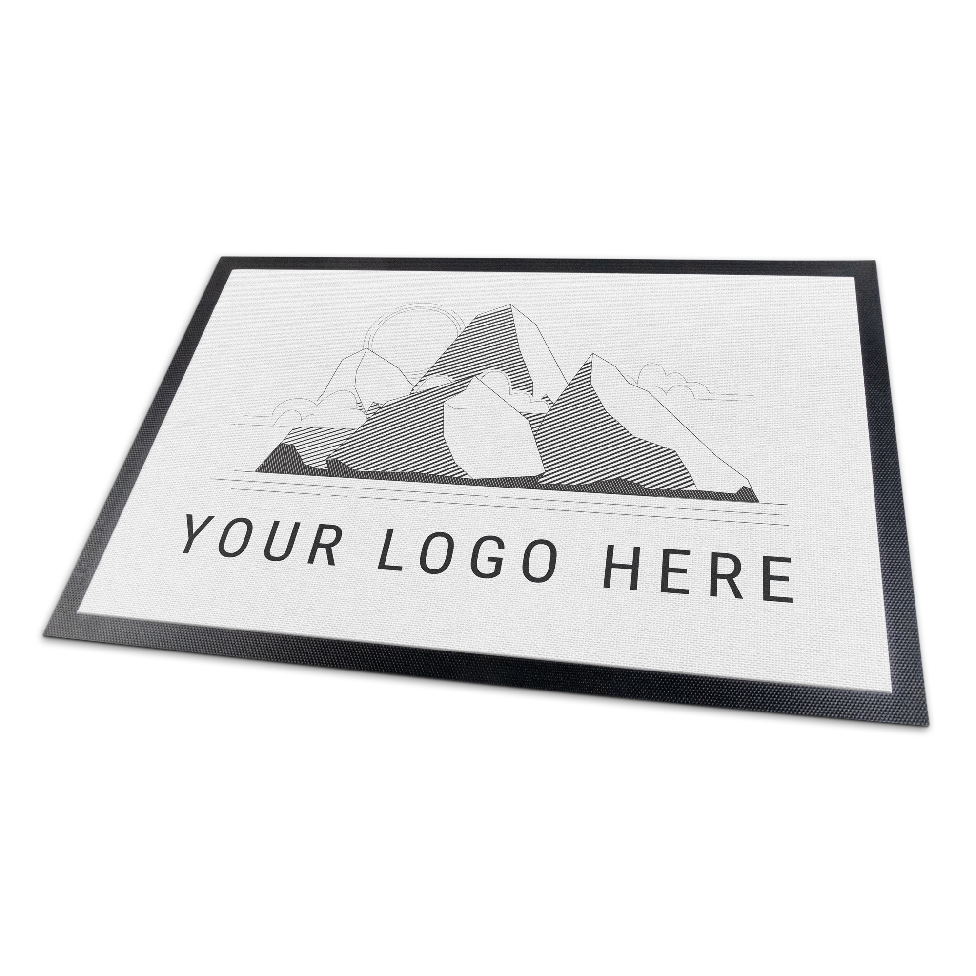 En unik personlig dørmatte med trykt fjellmotiv og tekst Your Logo Here, tilpasses med eget design.