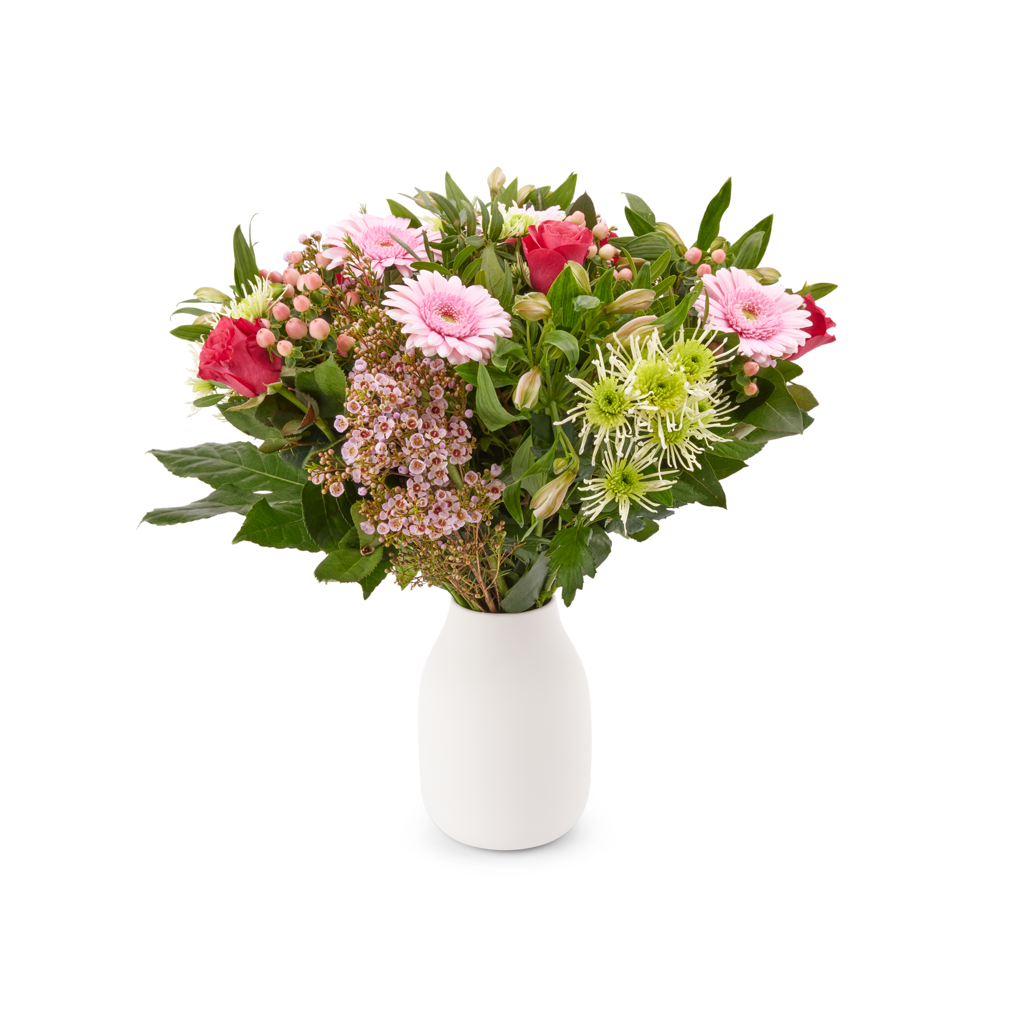 Boeket roze bloemen in een witte vaas, inclusief een persoonlijk cadeaukaartje.