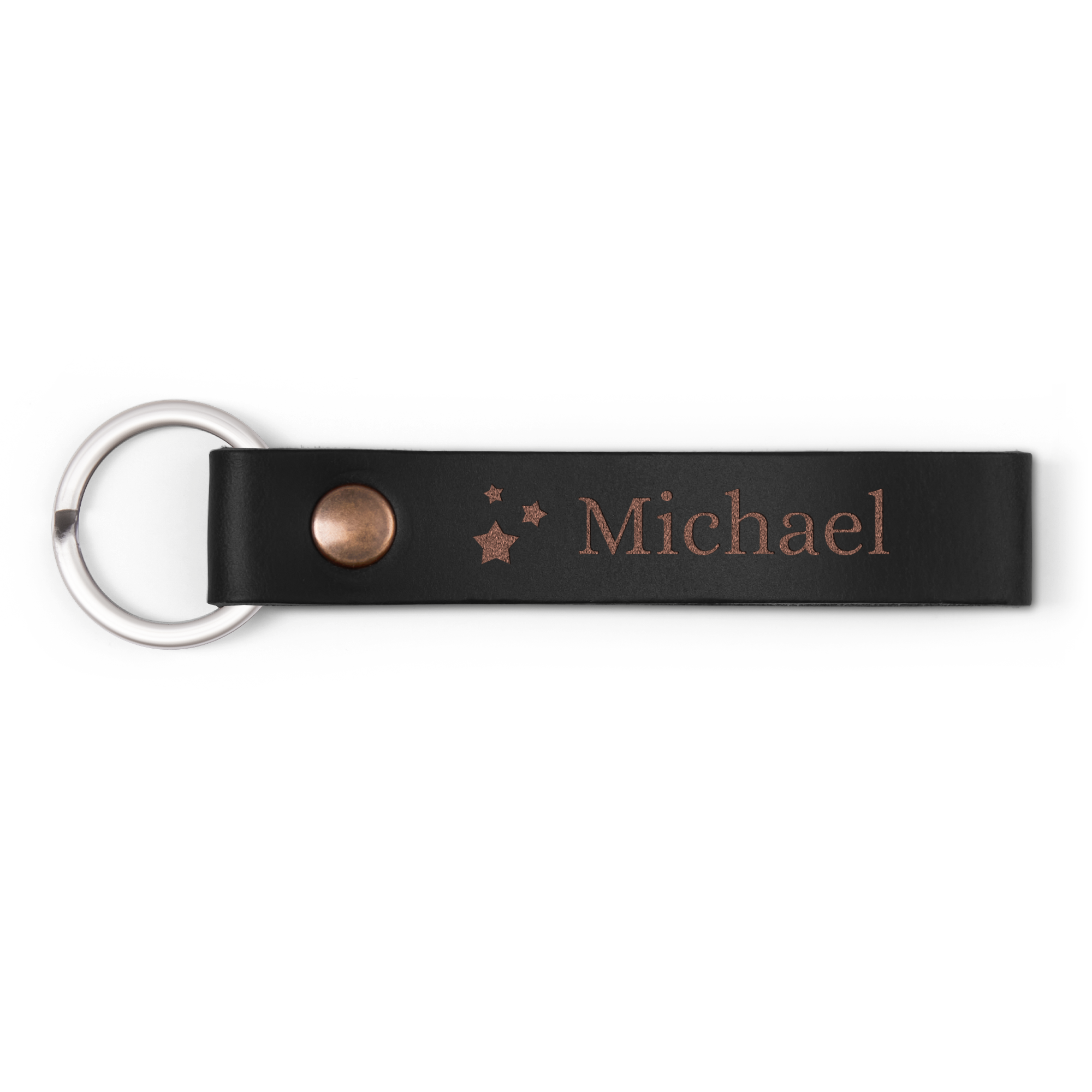 En lædernøglering indgraveret med navnet "Michael" og stjerner er et must-have til dit sæt nøgler.