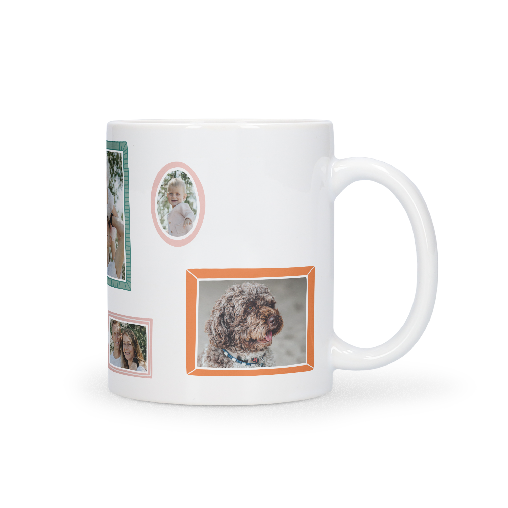 Eine Muttertag Tasse mit mehreren personalisierten Fotos von Familie und einem Hund, mit bunten Rahmen bedruckt.