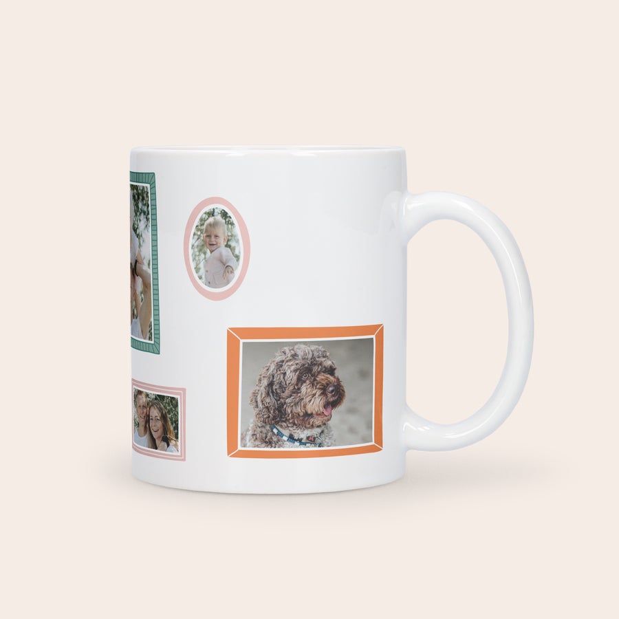 Mugg med foto - Mors dag Mors dag mugg med foto, vitt porslin, personliga bilder tryckta med färgglada ramar.